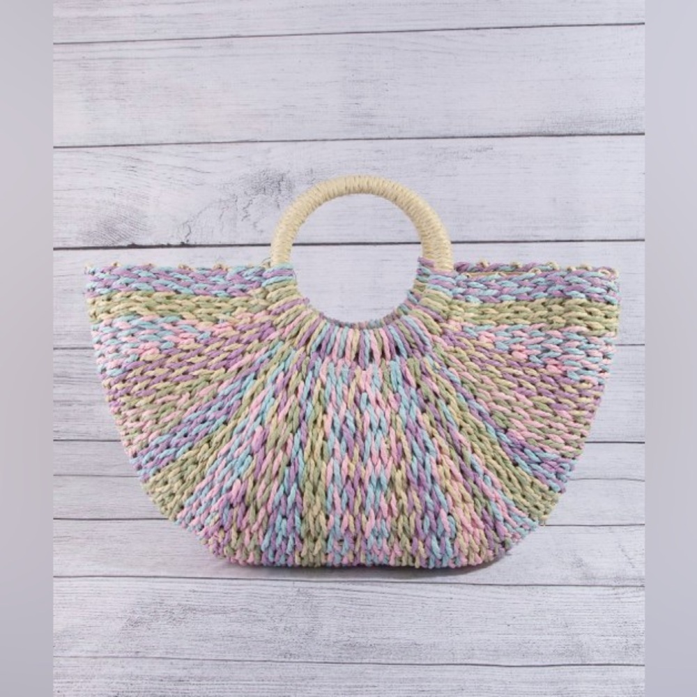 Multi Tone Straw Half Moon Round Handle Tote Bag